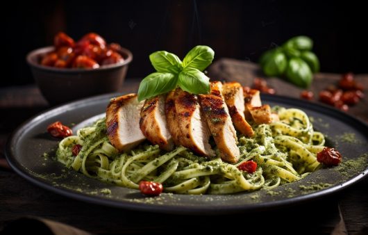 Makaron z pesto, kurczakiem i suszonymi pomidorami